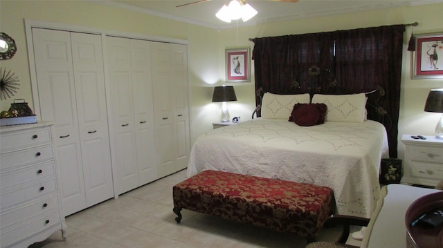 bedroom with ceiling fan, a closet, and crown molding