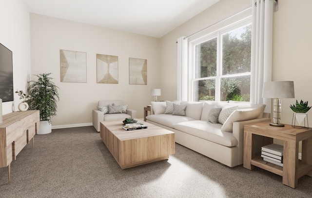 living area with carpet flooring and baseboards