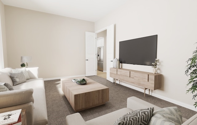 living room featuring dark carpet and baseboards