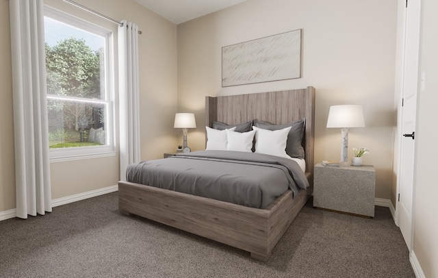 bedroom featuring multiple windows, dark carpet, and baseboards