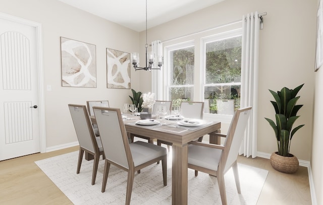 dining area featuring light wood-style floors, baseboards, a wealth of natural light, and an inviting chandelier