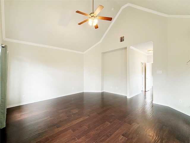 unfurnished room with dark wood-style flooring, crown molding, visible vents, a ceiling fan, and baseboards