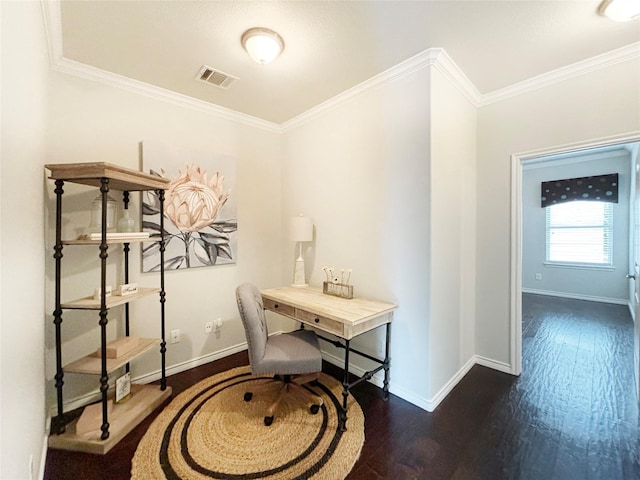 office with dark wood-style floors, visible vents, ornamental molding, and baseboards