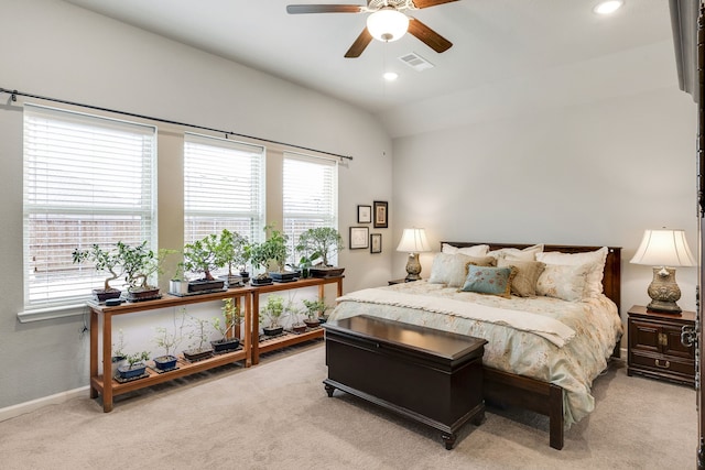 bedroom featuring baseboards, visible vents, vaulted ceiling, carpet flooring, and recessed lighting