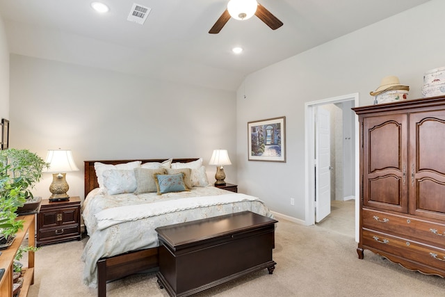 bedroom featuring light carpet, visible vents, baseboards, lofted ceiling, and recessed lighting