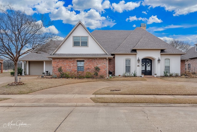 view of front of house featuring stucco siding, roof with shingles, concrete driveway, brick siding, and a chimney