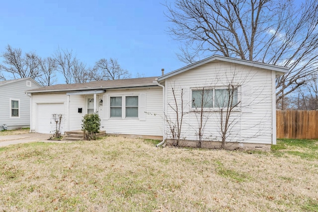 single story home with an attached garage, driveway, fence, and a front lawn