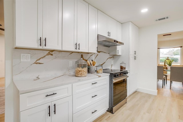 kitchen featuring white cabinetry, visible vents, under cabinet range hood, and stainless steel electric stove