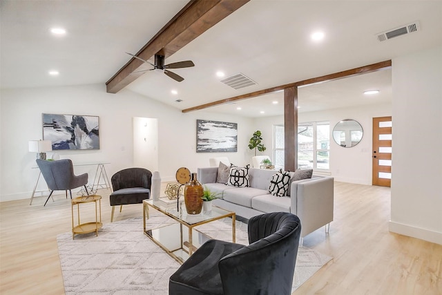 living room with light wood-type flooring, baseboards, lofted ceiling with beams, and visible vents