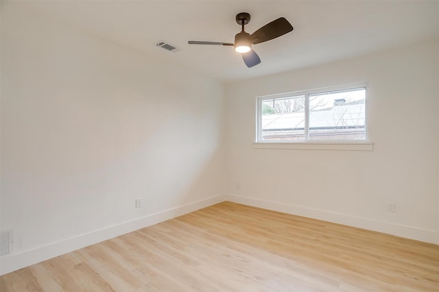 unfurnished room featuring ceiling fan, light wood finished floors, visible vents, and baseboards