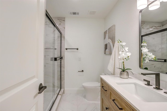 bathroom featuring toilet, marble finish floor, a stall shower, and visible vents