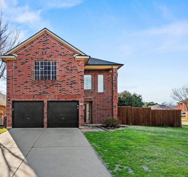 traditional-style house featuring driveway, a garage, brick siding, fence, and a front yard