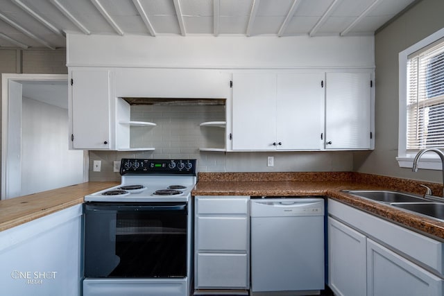 kitchen featuring electric stove, white cabinetry, dishwasher, and open shelves