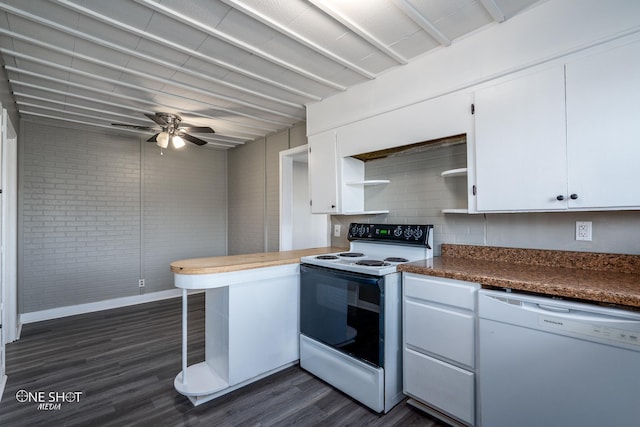 kitchen with white dishwasher, white cabinets, electric stove, open shelves, and dark countertops