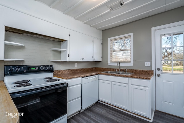 kitchen with white cabinetry, dishwasher, electric range, and open shelves