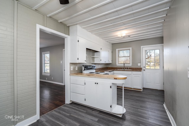 kitchen featuring dark wood finished floors, backsplash, electric range oven, white cabinets, and a peninsula