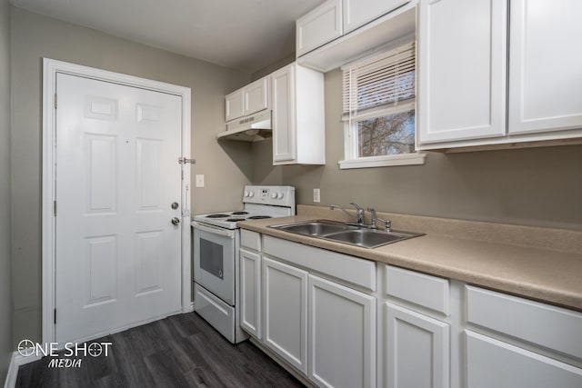 kitchen with white electric stove, under cabinet range hood, a sink, white cabinets, and light countertops