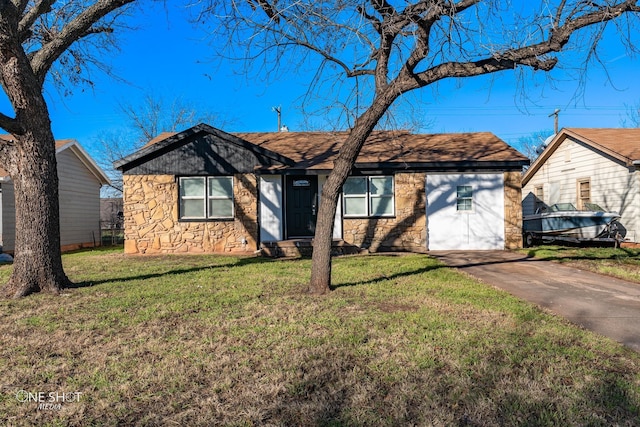 single story home with driveway, stone siding, an attached garage, and a front lawn