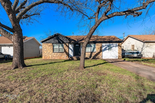 single story home featuring a garage, stone siding, a front lawn, and aphalt driveway