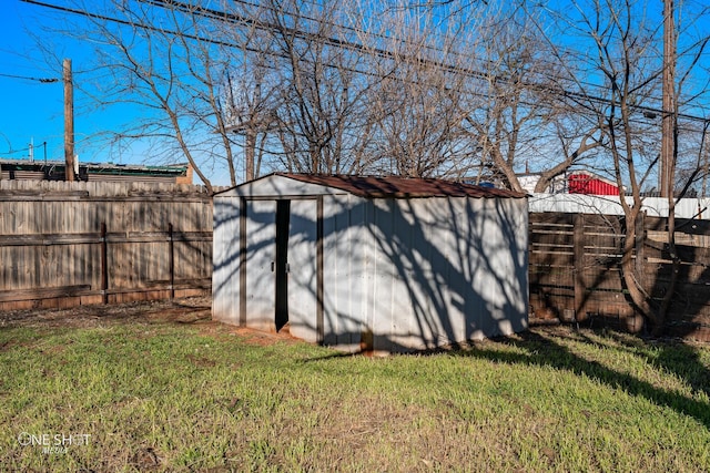 view of shed with a fenced backyard