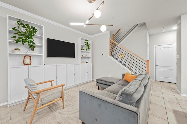 living room featuring stairs, light tile patterned floors, ornamental molding, and built in features