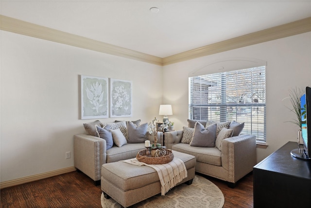 living area with dark wood-style floors, baseboards, and ornamental molding