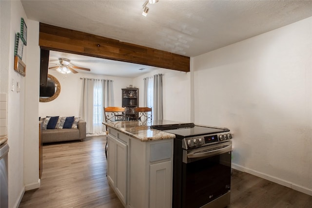 kitchen with light stone counters, open floor plan, stainless steel electric range, and wood finished floors