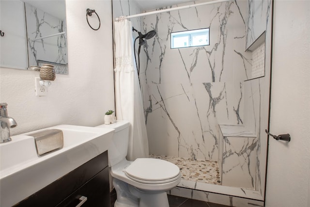 full bathroom with toilet, a marble finish shower, and vanity