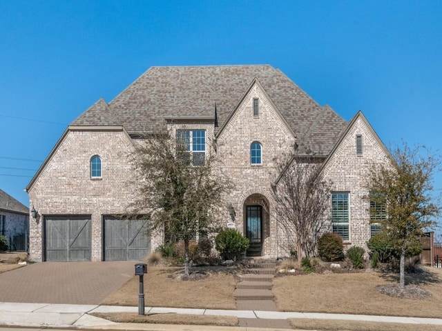 french country style house with a garage, brick siding, roof with shingles, and decorative driveway