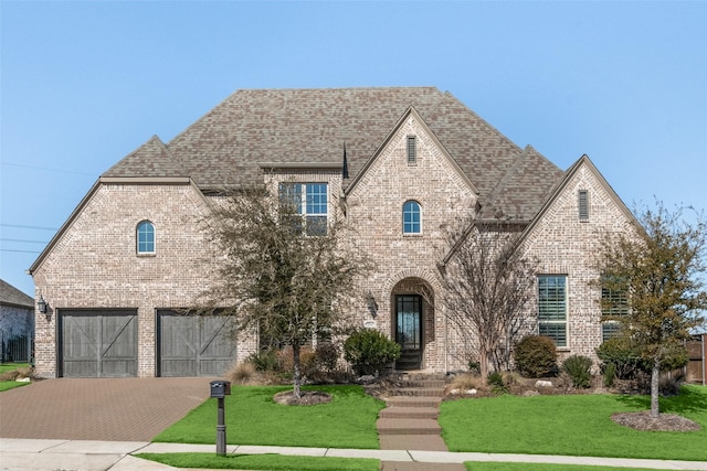 french country inspired facade with brick siding and a front lawn