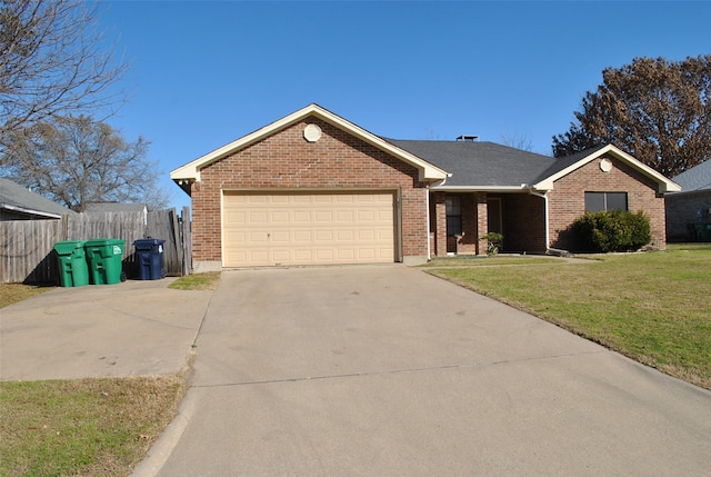 ranch-style house featuring a garage, brick siding, fence, concrete driveway, and a front yard