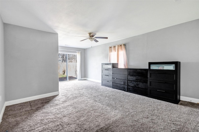 bedroom featuring access to outside, dark carpet, a ceiling fan, and baseboards