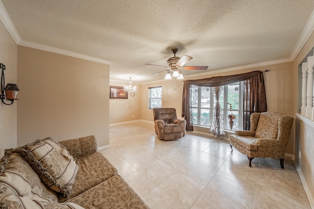 living area featuring light tile patterned flooring, crown molding, and a textured ceiling