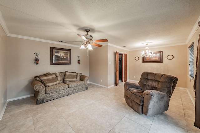 living room with a textured ceiling, baseboards, visible vents, and crown molding