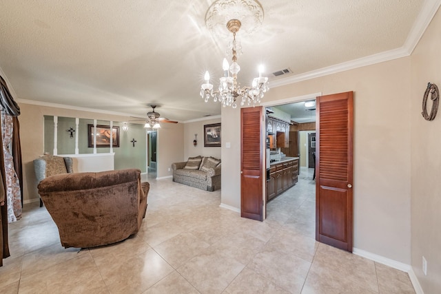 living area featuring a textured ceiling, ornamental molding, ceiling fan with notable chandelier, and visible vents