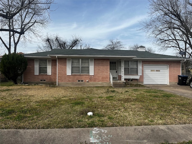 ranch-style home with concrete driveway, brick siding, a front lawn, and an attached garage