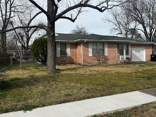 ranch-style home with a garage, brick siding, fence, a gate, and a front lawn