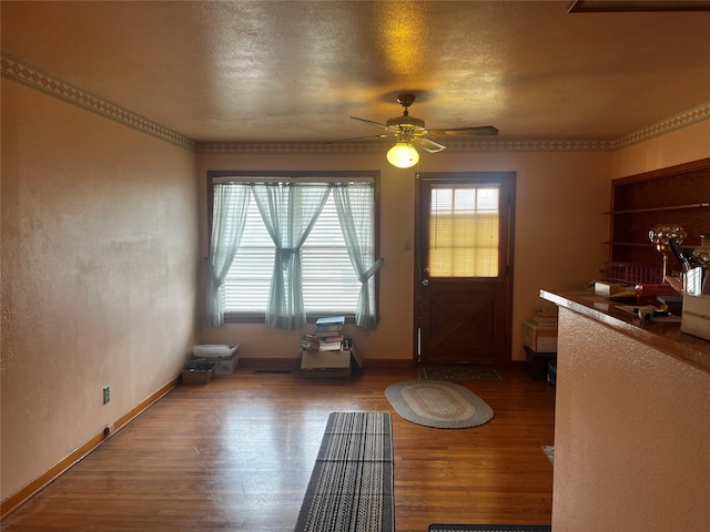 doorway with plenty of natural light, baseboards, and wood finished floors