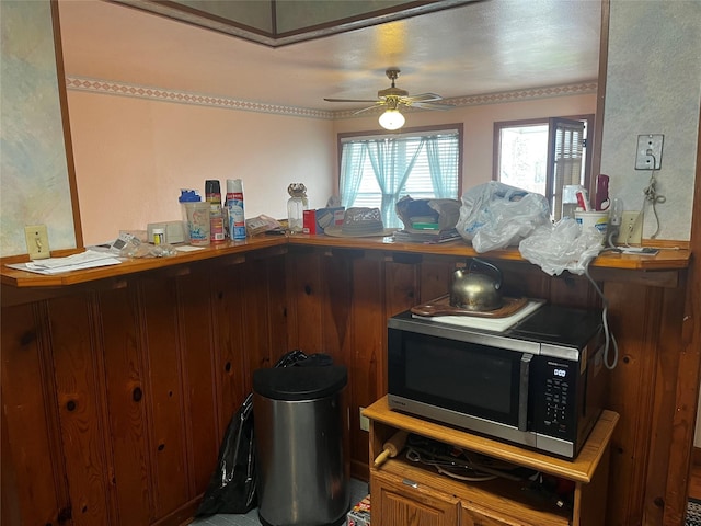 kitchen with stainless steel microwave and ceiling fan