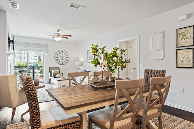 dining room with a ceiling fan, visible vents, baseboards, and wood finished floors