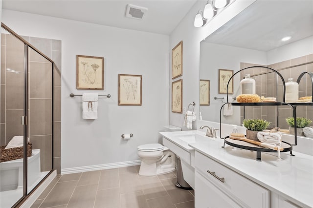 full bath with toilet, visible vents, baseboards, tile patterned floors, and a stall shower