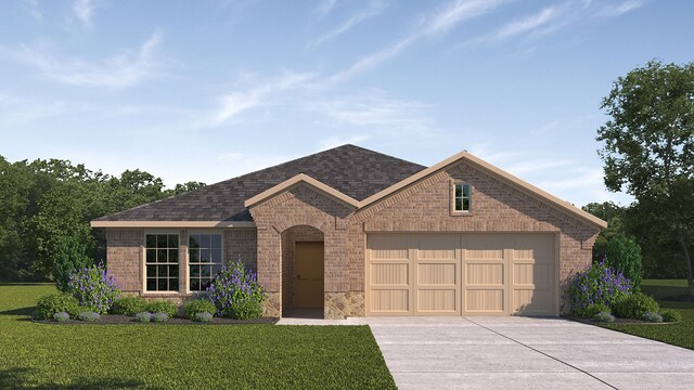 french provincial home featuring a garage, brick siding, concrete driveway, roof with shingles, and a front yard