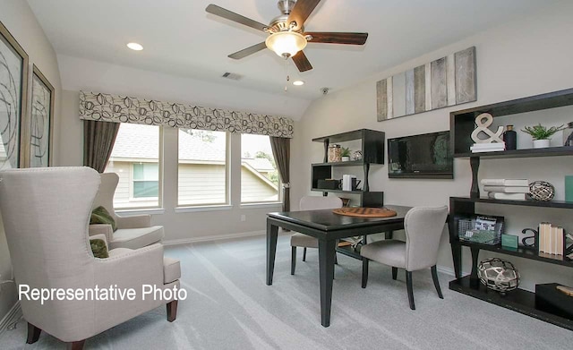 office featuring visible vents, baseboards, light colored carpet, ceiling fan, and recessed lighting