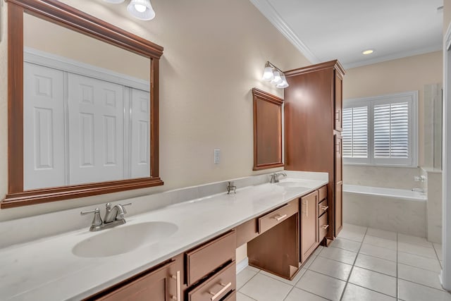 bathroom with tile patterned floors, double vanity, a sink, and a bath