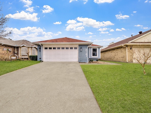 single story home with an attached garage, driveway, brick siding, and a front yard