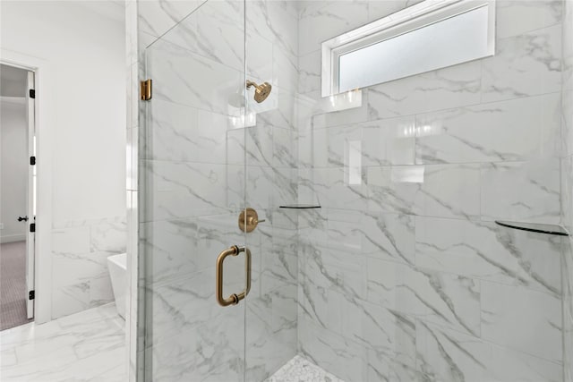 full bathroom with marble finish floor and a marble finish shower