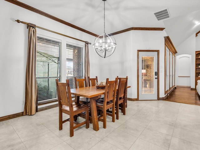 1300 Ruby Lea Ln, Fort Worth, TX 76179 - dining area featuring a chandelier, crown molding, light tile patterned floors, and lofted ceiling