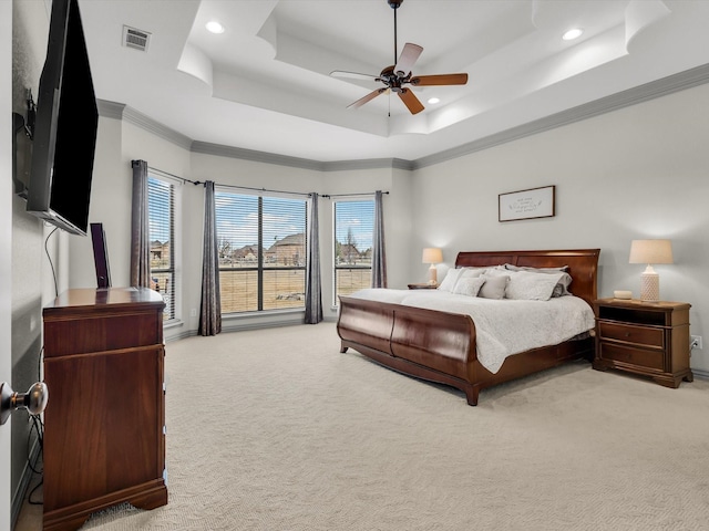 1300 Ruby Lea Ln, Fort Worth, TX 76179 - bedroom featuring light carpet, ornamental molding, a tray ceiling, recessed lighting, and a ceiling fan