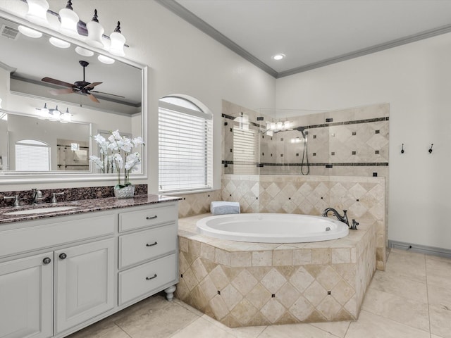 1300 Ruby Lea Ln, Fort Worth, TX 76179 - full bath with tile patterned floors, crown molding, a bath, vanity, and tiled shower