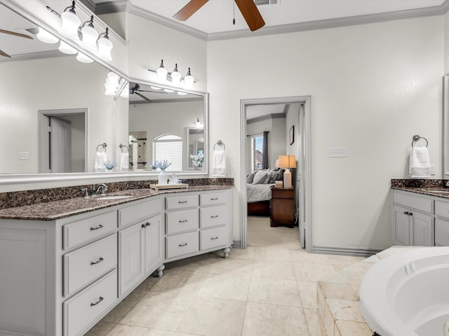 1300 Ruby Lea Ln, Fort Worth, TX 76179 - bathroom featuring ceiling fan, ensuite bath, vanity, crown molding, and a bathtub